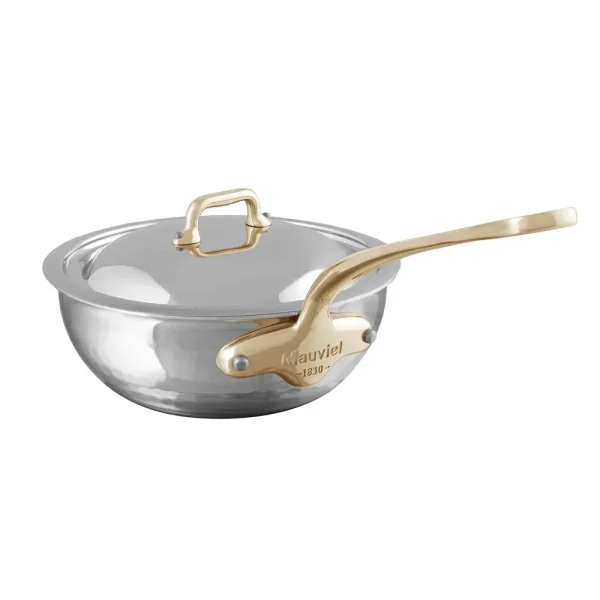 Hammered 5-Ply Chef Pan With Curved Lid, Brass Handle, 3.4-Qt