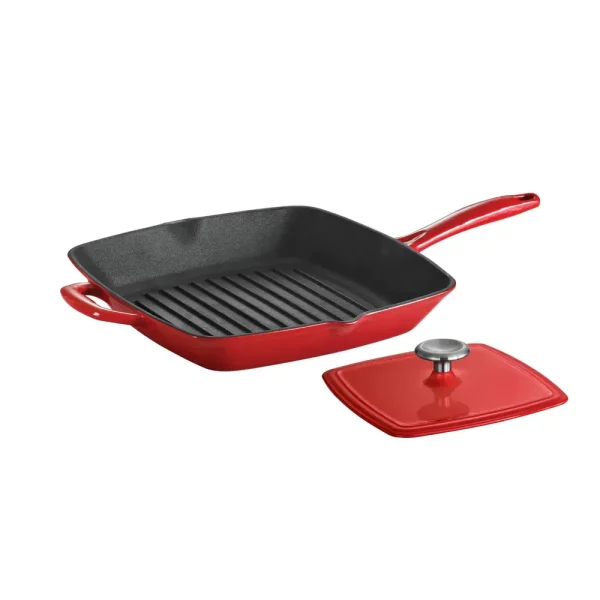 Bestow 11 in Enameled Cast-Iron  Grill Pan with Press – Gradated Red