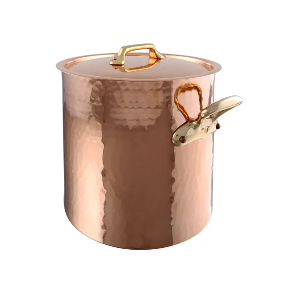 Hammered Copper & Tin Inside Stockpot With Lid, Brass Handles