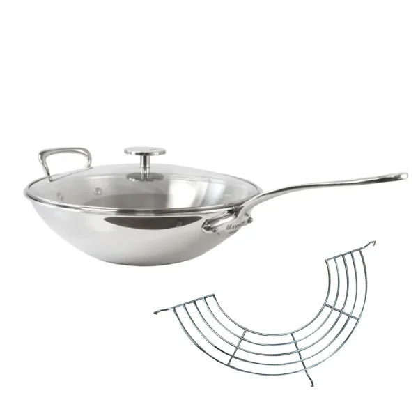 5-Ply Wok With Rack, Cast Stainless Steel Long Handle, 5-Qt