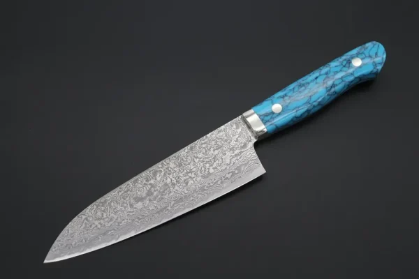 R-2 Custom Damascus Gyuto Knife 160mm (6.2 inch, “Turquoise Gem-Composite Stone Handle”,)