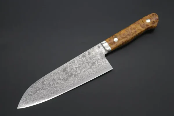 R-2 Custom Damascus Santoku Knife 175mm (6.8 inch, “Stabilized Boxelder wood Handle”,)