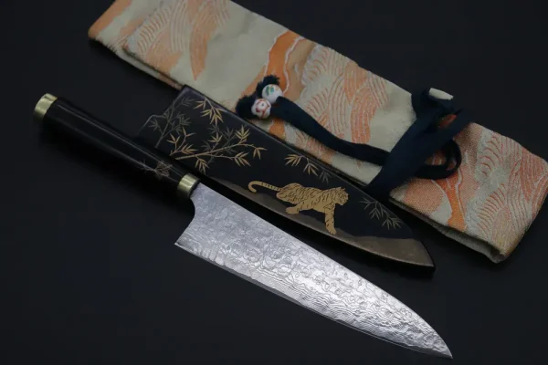 Urushi & Makie “Japanese Tiger Motif” R-2 Custom Diamond Damascus STU-42 Gyuto Knife 210mm (8.2′)